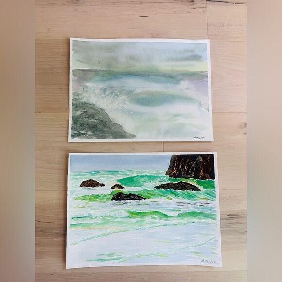 Artist Rending Watercolor Beach Scene Coastal Signed Art Set of 2 Wall Art Beach - Picture 1 of 6